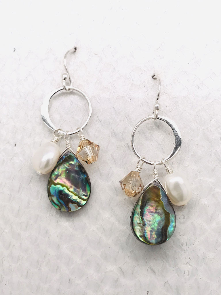 Chesapeake Earrings– Sterling Silver Ear wires and Links adorned with Abalone Shell, Swarovski Crystal and Freshwater Pearls handcrafted in Cape Charles, VA.