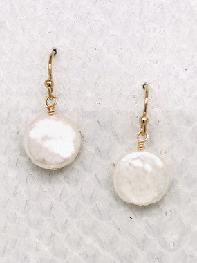 Ranier Earrings – Gold, White Freshwater Coin Pearl
