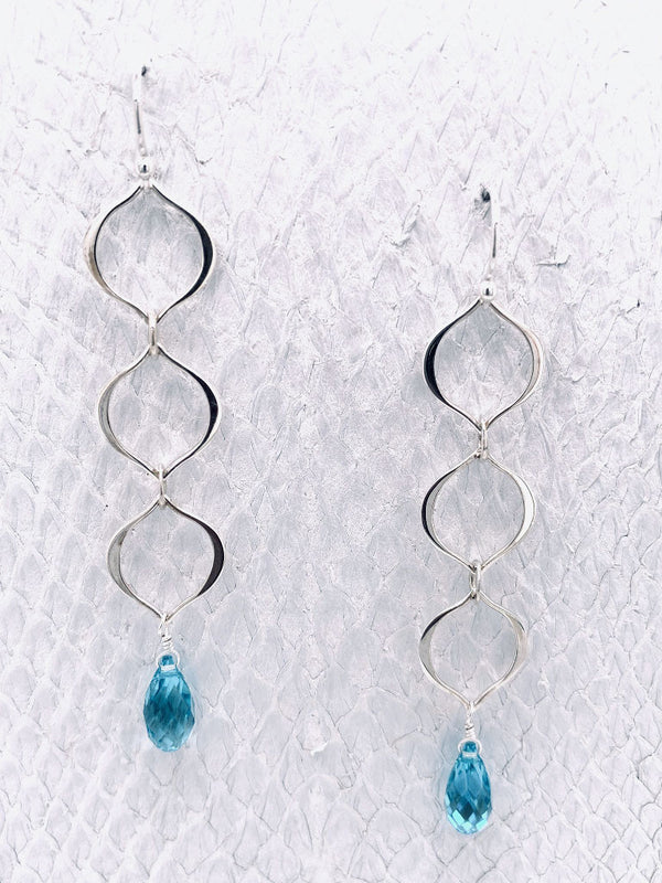 Victoria Earrings– Turquoise Swarovski Crystal suspended by Sterling Silver petal Shaped links handcrafted in Cape Charles, VA.