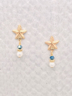Beach Post – Gold Starfish with Emerald Swarovski Crystals and Freshwater Pearls