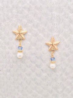 Beach Post – Gold Star Fish with Light Sapphire Swarovski Crystals and Freshwater Pearls