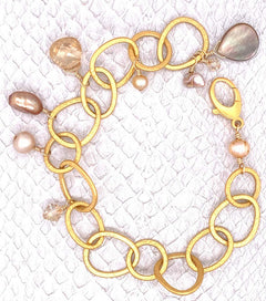 Gem Quality 24K-plated Links & Clasp adorned with Freshwater Pearls, Swarovski Crystals and a Grey Lip Shell, Belmopan Bracelet handcrafted in Cape Charles, VA