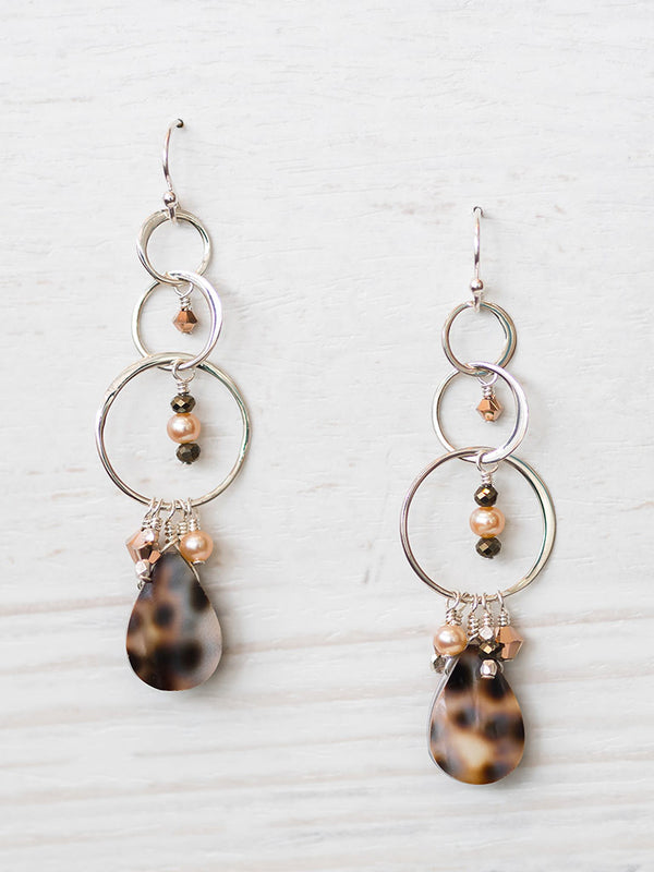 Borneo Earrings- Sterling Silver, Cowrie Shell, Pyrite, Freshwater Pearls