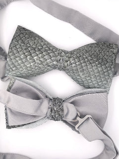 Pre-tied Grey with Silver Salmon Fish Leather Bow Tie with an adjustable wrap-around Satin Strap, fits sizes 12.5"-23".