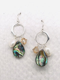 Chesapeake Earrings– Sterling Silver Ear wires and Links adorned with Abalone Shell, Swarovski Crystal and Freshwater Pearls handcrafted in Cape Charles, VA.