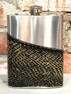 Black & Gold Salmon Leather Flask, Handcrafted in Cape Charles by Moonrise Jewelry