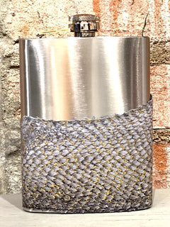 Grey & Gold Salmon Leather Flask, Handcrafted in Cape Charles by Moonrise Jewelry