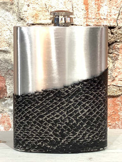 Black & Pewter Salmon Leather Flask, Handcrafted in Cape Charles by Moonrise Jewelry