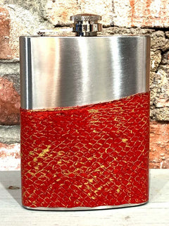 Red & Gold Salmon Leather Flask, Handcrafted in Cape Charles by Moonrise Jewelry