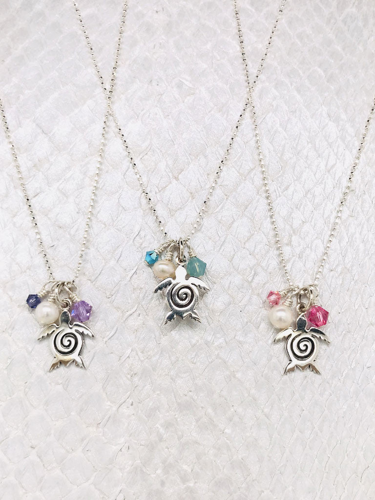 Nantucket Necklace - Sea Turtle Charm embellished with Freshwater Pearls and Swarovski Crystals on adjustable Sterling Silver ball chain handcrafted in Cape Charles, VA.