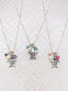 Nantucket Necklace - Sea Turtle Charm embellished with Freshwater Pearls and Swarovski Crystals on adjustable Sterling Silver ball chain handcrafted in Cape Charles, VA.