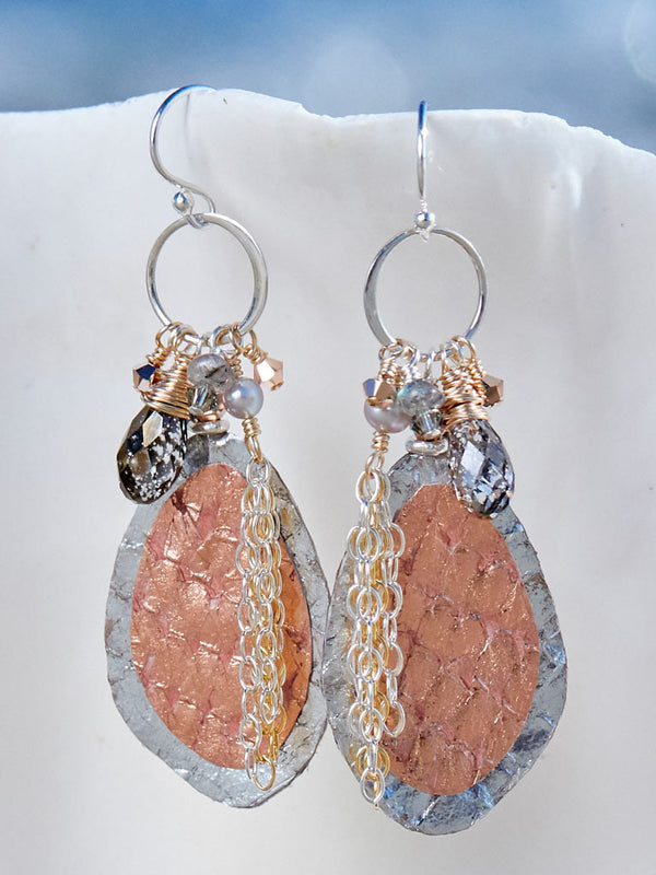 Rose Gold Salmon Leather Earrings, Handcrafted in Cape Charles, VA