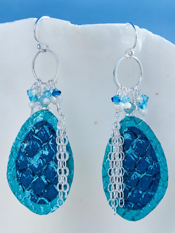 Turquoise Salmon Leather Earrings, Handcrafted in Cape Charles, VA