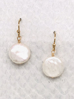 Ranier Earrings – Gold, White Freshwater Coin Pearl
