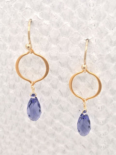 Seville Earrings– Tanzanite Swarovski Crystals adorned on 24K Gold-plated Vermeil Style organic shaped petal links and 14K Gold-filled Ear wires.
