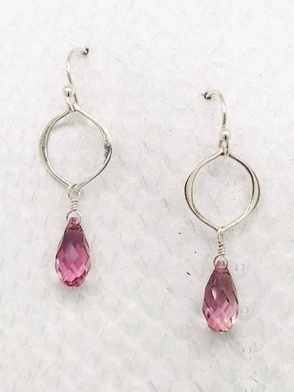Seville Earrings – Sterling Silver organic petal shaped links with Antique Pink Swarovski teardrop Crystals suspended below. Handcrafted in Cape Charles, VA.