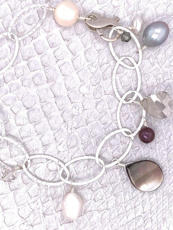 Soho Bracelet - Sterling Silver, Grey Lip Shell, Freshwater Pearls and Swarovski Crystals handcrafted in Cape Charles, VA.