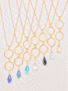 Victoria Necklaces– 24K Gold Vermeil-Style Petal Shaped Links with a Swarovski Crystal suspended from a 14K gold-filled chain handcrafted in Cape Charles, VA. 