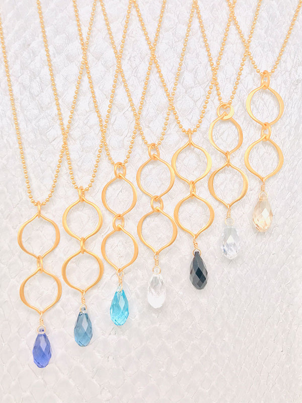 Victoria Necklaces– 24K Gold Vermeil-Style Petal Shaped Links with a Swarovski Crystal suspended from a 14K gold-filled chain handcrafted in Cape Charles, VA. 
